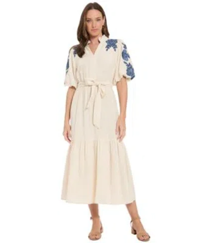 London Times Womens Ruffle Neck Bubble Embroidered Sleeve Tiered Maxi Dress In Multi