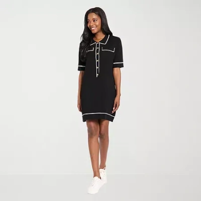 London Times Womens Short Sleeve Sweater Dress In Black