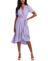 London Times Stretch Eyelet Short Sleeve Ruffle Wrap Dress