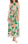 London Times Wrap Halter Floral Print Maxi Dress In Pink/ Green