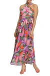 London Times Wrap Halter Floral Print Maxi Dress In Purple Coral