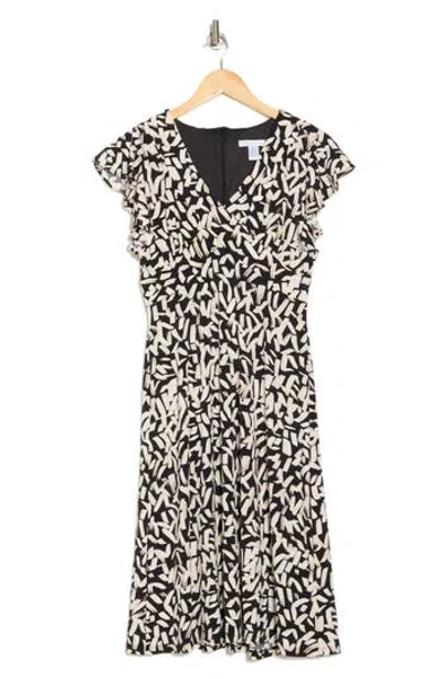 London Times Wrap Style Flutter Sleeve Dress In Black/cream