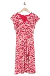 London Times Wrap Style Flutter Sleeve Dress In Rose Red/cream
