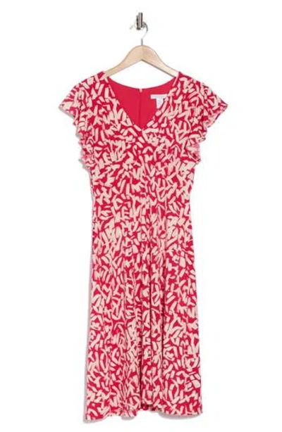 London Times Wrap Style Flutter Sleeve Dress In Rose Red/cream