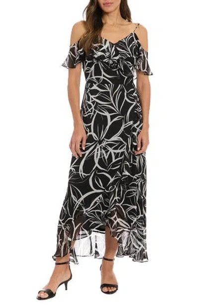 London Times Yoryu Cold Shoulder Maxi Dress In Black White