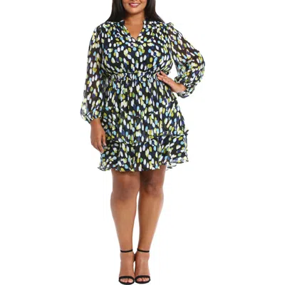 London Times Yuryu Long Sleeve Fit & Flare Dress In Black/blue