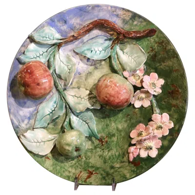 Pre-owned Longchamp 19th Century French Ceramic Barbotine Wall Platter With Apples Signed  In Brown