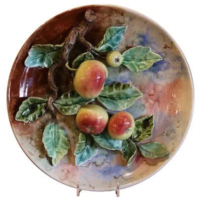 Pre-owned Longchamp 19th Century French Hand Painted Ceramic Barbotine Fruit Wall Platter In Brown