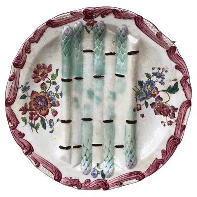 Pre-owned Longchamp 19th Century Majolica Asparagus Plate With Flowers  In Gray