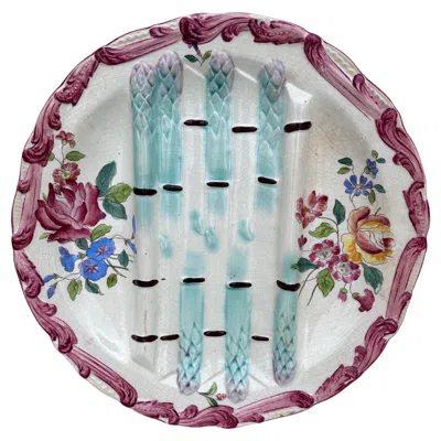 Pre-owned Longchamp 19th Century Majolica Asparagus Plate With Flowers  In Gray