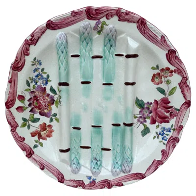 Pre-owned Longchamp 19th Century Majolica Asparagus Plate With Flowers  In Gray