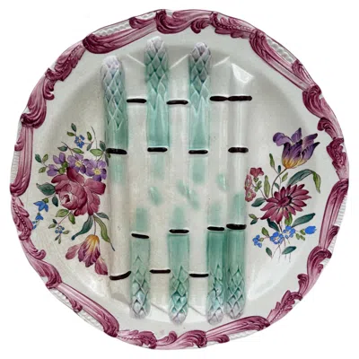 Pre-owned Longchamp 19th Century Majolica Asparagus Plate With Flowers  In Gray