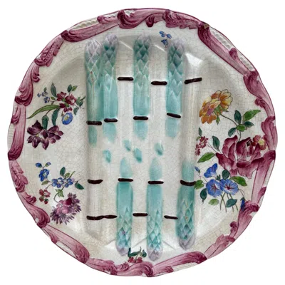 Pre-owned Longchamp 19th Century Majolica Asparagus Plate With Flowers  In Gray