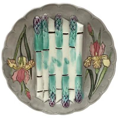 Pre-owned Longchamp 19th Century Majolica Asparagus Plate With Iris , Circa 1890 In Gray