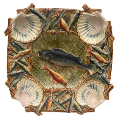Pre-owned Longchamp 19th Century Square Majolica Palissy Wall Fish Platter  In Brown