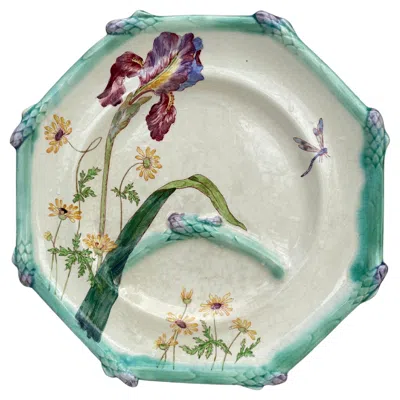 Pre-owned Longchamp 19th French Majolica Asparagus Plate Iris  In Gray