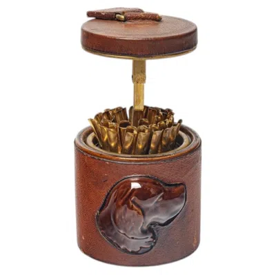 Pre-owned Longchamp 20th Century Design Dog Ceramic And Leather Cigarette Box 1970 In Brown