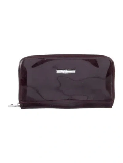 Pre-owned Longchamp Bamboo Accent Patent Leather Continental Wallet In Burgundy