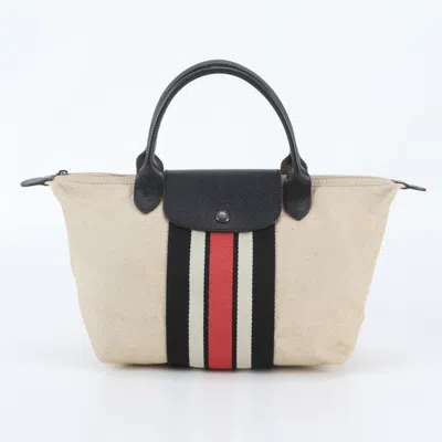 Pre-owned Longchamp Beige Black Leather Canvas Handbag Shoulder Bag Tote Bag () In Beige, Black