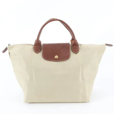 Pre-owned Longchamp Beige Brown Leather Nylon Handbag Shoulder Bag Tote Bag () In Beige, Brown