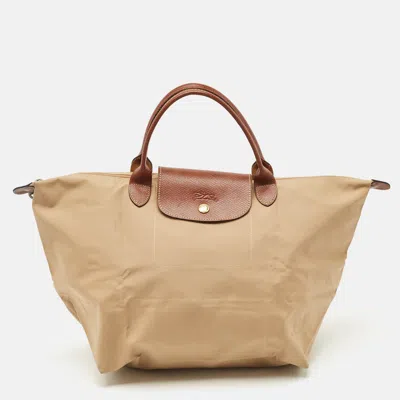 Pre-owned Longchamp Beige/brown Nylon Le Pliage M Tote
