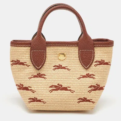 Pre-owned Longchamp Beige/brown Raffia And Leather Xs Le Panier Pliage Basket Bag In Sand