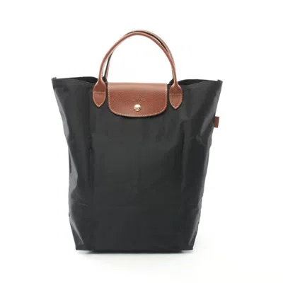 Pre-owned Longchamp Black Brown Nylon Leather Shopping Bag Tote Bag () In Multi