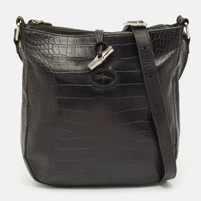 Pre-owned Longchamp Black Croc Embossed Leather Le Roseau Messenger Bag