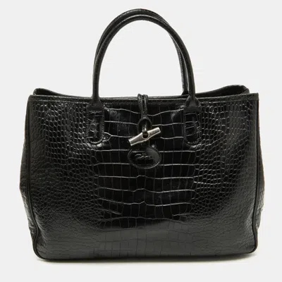 Pre-owned Longchamp Black Croc Embossed Leather Roseau Tote