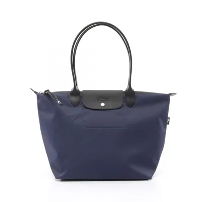 Pre-owned Longchamp Black Navy Canvas Leather Tote Bag () In Multi