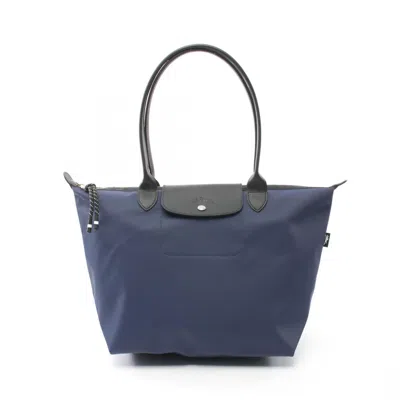 Pre-owned Longchamp Black Navy Nylon Leather Tote Bag ()