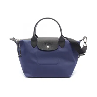 Pre-owned Longchamp Black Navy Nylon Leather Tote Bag () In Black, Navy