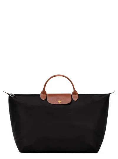 Longchamp Black Tote Bag With Embossed Logo And Leather Trim