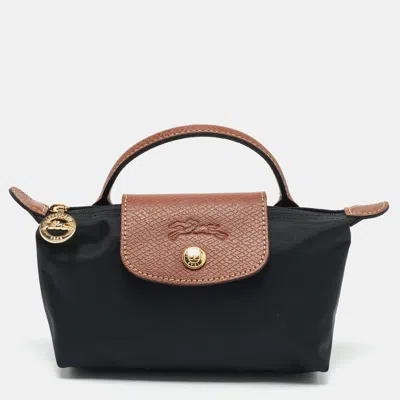 Pre-owned Longchamp Black/brown Leather And Nylon Le Pliage Pouch