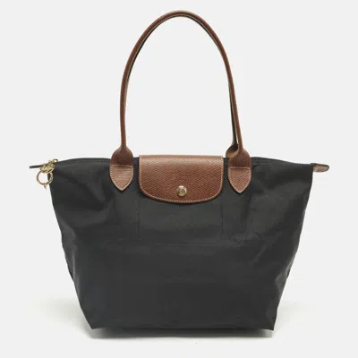 Pre-owned Longchamp Black/brown Leather And Nylon Le Pliage Tote