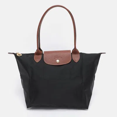 Pre-owned Longchamp Black/brown Nylon And Leather Small Le Pliage Tote