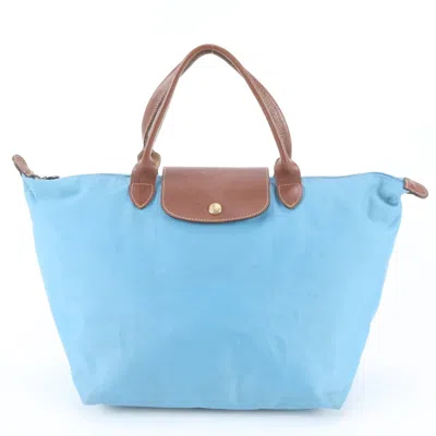 Pre-owned Longchamp Blue Brown Leather Nylon Handbag Shoulder Bag Tote Bag () In Blue, Brown