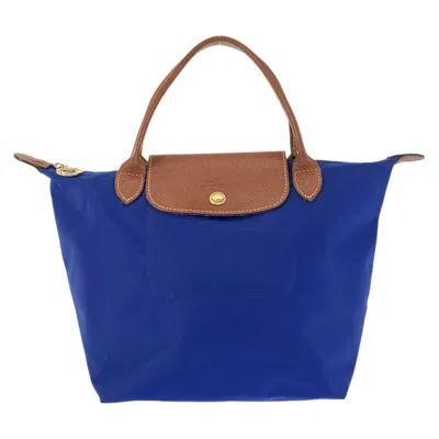 Pre-owned Longchamp Blue Brown Nylon Leather Handbag Tote Bag () In Blue, Brown