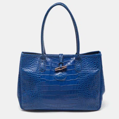 Pre-owned Longchamp Blue Croc Embossed Leather Roseau Tote