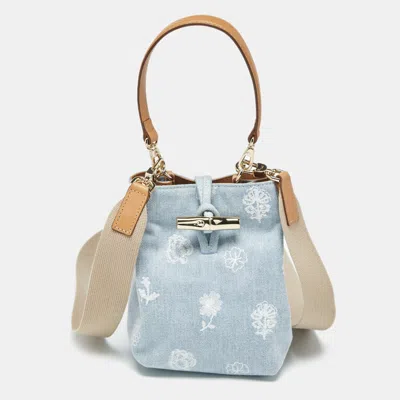 Pre-owned Longchamp Blue Denim Mini Le Roseau Bucket Bag