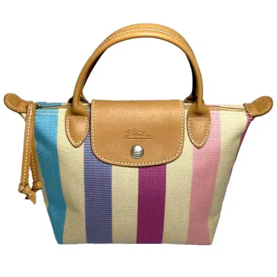 Pre-owned Longchamp Blue Pink Canvas Leather Handbag Tote Bag ()