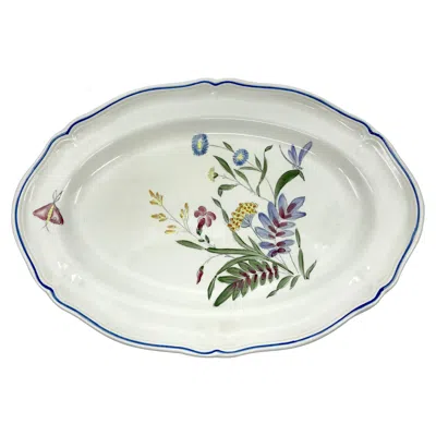Pre-owned Longchamp Blue, White, Yellow And Magenta Floral Platter