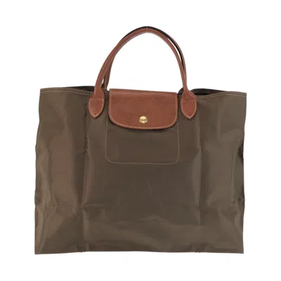 Pre-owned Longchamp Brown Khaki Nylon Leather Handbag Tote Bag () In Brown, Khaki
