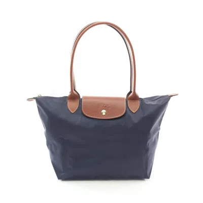 Pre-owned Longchamp Brown Navy Canvas Leather Tote Bag ()