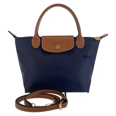 Pre-owned Longchamp Brown Navy Nylon Leather Shoulder Bag Tote Bag () In Brown, Navy