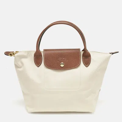 Pre-owned Longchamp Brown/ivory Nylon Small Short Le Pliage Tote