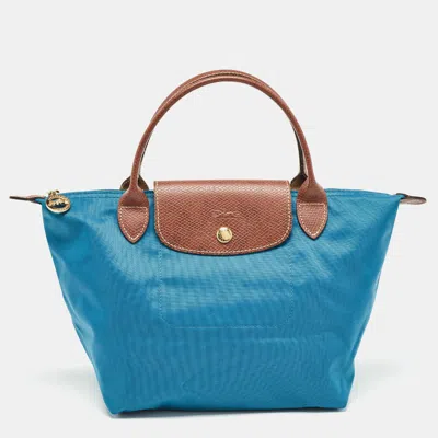 Pre-owned Longchamp Brown/teal Blue Nylon And Leather Small Short Le Pliage Tote