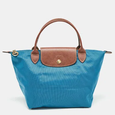Longchamp Brown/teal Nylon And Leather Small Short Le Pliage Tote In Blue