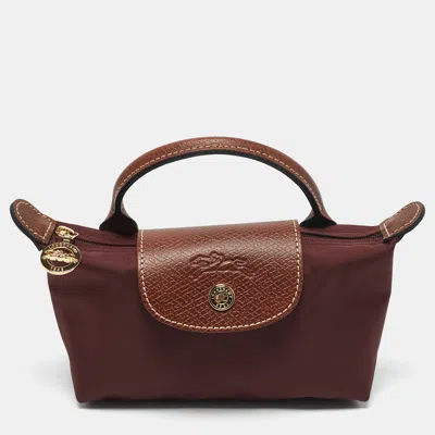 Pre-owned Longchamp Burgundy Leather And Nylon Le Pliage Pouch