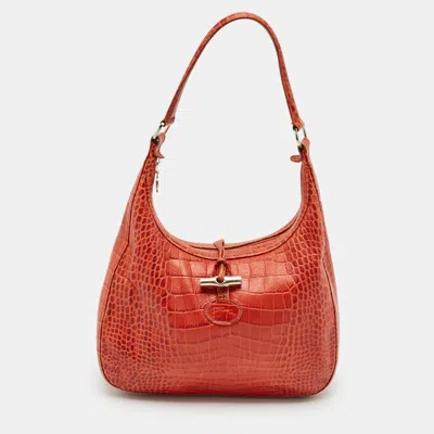 Pre-owned Longchamp Burnt Orange Croc Embossed Leather Roseau Shoulder Bag